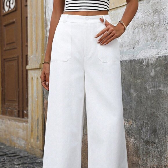 White Casual Women's High-Waisted Wide Leg Pants With Pockets - Picture 4 of 6